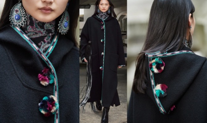 красивое черное женское шерстяное пальто с отделкой из разноцветных помпонов