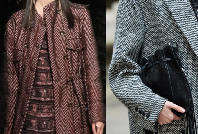 зигзаг, елочка - модный принт 2022 года на драповых женских пальто