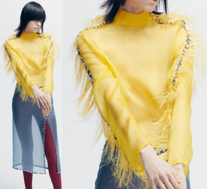 модные блузки с миланской недели моды 2022 - желтая блузка со стоячим воротником из органзы, декорированная разноцветными каменьями