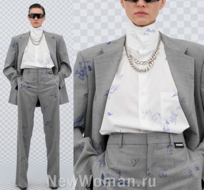 деловой брючный женский костюм серого цвета с модной белой блузкой - новинка 2022 года от Vetements
