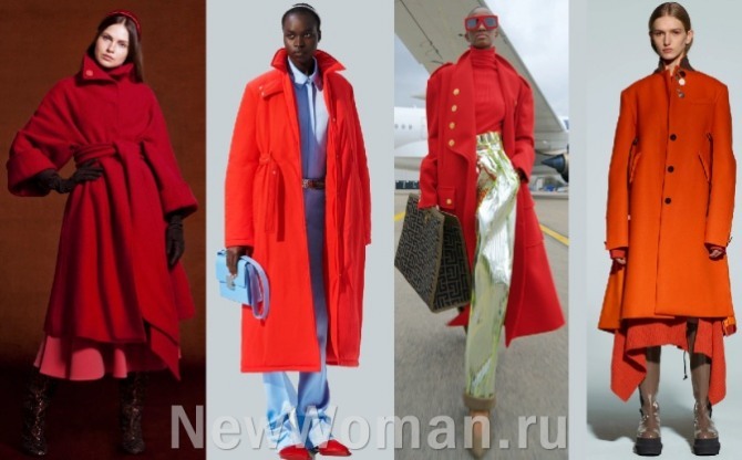 различные фасоны дамских пальто 2022 года красного цвета - стильные яркие луки из коллекций мировых модельеров