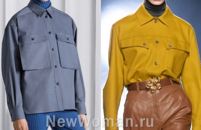 самые модные фасоны блузок-рубашек 2022 года - модели в военном стиле надетые поверх свитера-водолазки