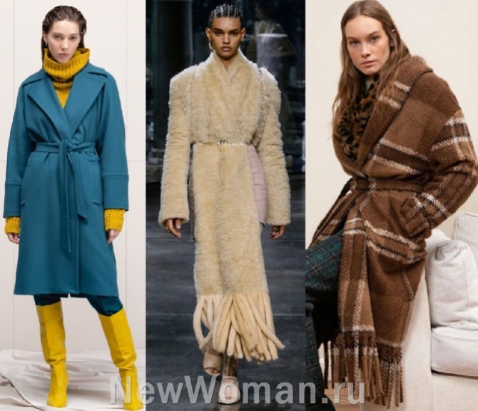 фото женских пальто-халатов в минималистическом стиле на 2022 год - модели с запахом, стильные луки из коллекций мировых брендов