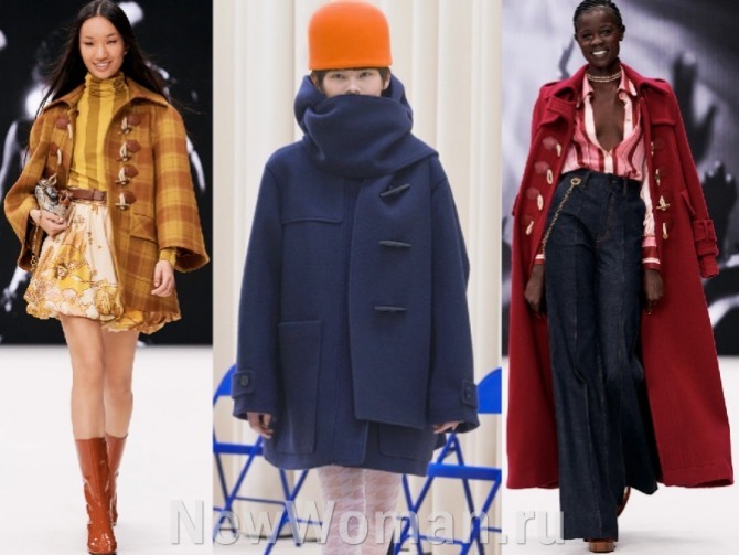 один из трендов пальтовой женской моды 2022 года - дафлкот с застежкой на петли и "клыки"