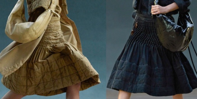 модный фасон расклешенной юбки с круговыми застроченными складками и стеганым низом - Lemaire Весна-Лето 2022