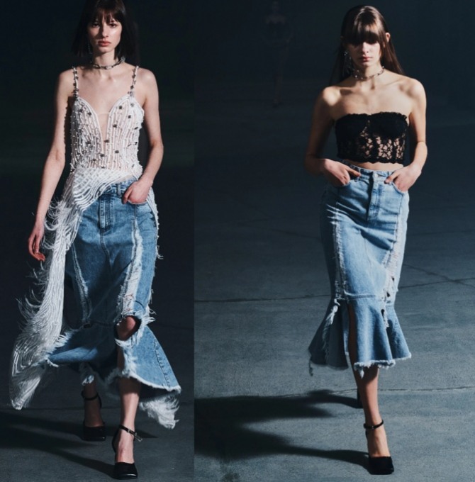 женские нарядные образы на вечер с джинсовыми юбками - подиум 2022 года