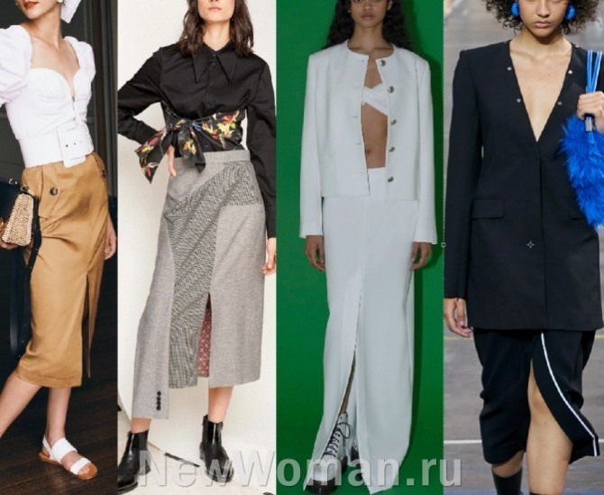 главные тенденции в моде на юбки 2022 года - высокие разрезы по центру