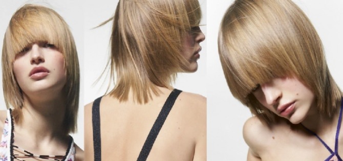 Средние женские стрижки зима 2021-2022 - маллет на прямых гладких волосах, однотонное блондирование, челка ниже бровей, плавный боковой срез на удлинение