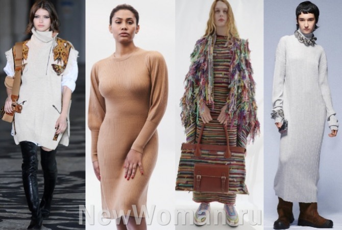 фото моделей повседневных зимних трикотажных платьев 2022 года - платье-свитер и варианты длиною мидакси