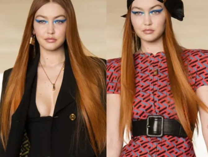 стильные луки с подиума с актуальным окрашиванием длинных волос осень-зима 2021-2022 - пряди с медным отливом