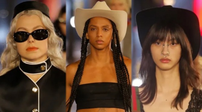 Тренды для длинных волос весна-лето 2022 от бренда Gucci - ретро-локоны.ю африканские косички, каскадная стрижка с челкой
