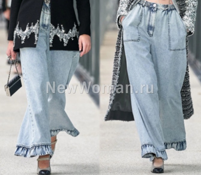 какие джинсы самые модные в 2023 году - модели для женщин с посадкой на талии, широкие расклешенные, с оборками по краю брючин