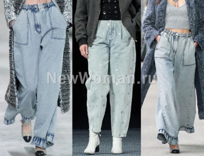 фото женских брюк 2023 года из денима - широкий клеш и джинсы-бананы от Шанель