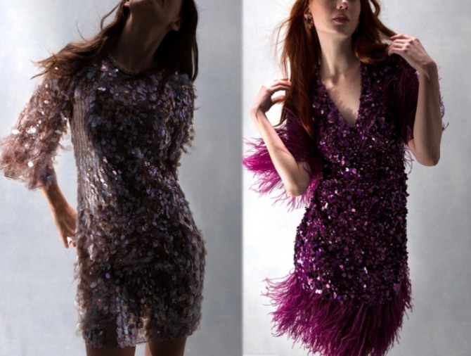новые фасоны модных дизайнерских новогодних платьев с пайтками и бахромой длиною до колена - новогодняя мода для девушек для вечеринки