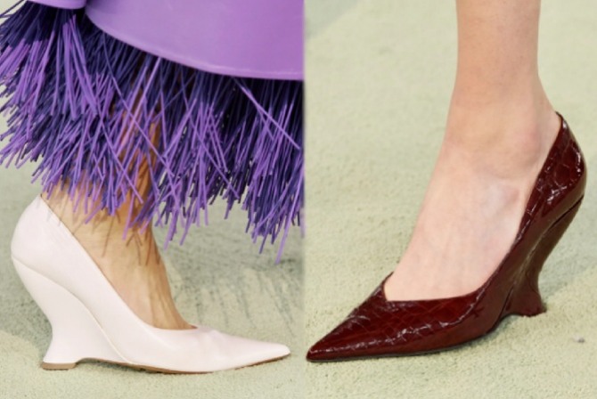 главные тенденции в моде на женские туфли 2023 года - лодочки на фигурной танкетке с изгибов во внутрь - Bottega Veneta (Миланская неделя моды)