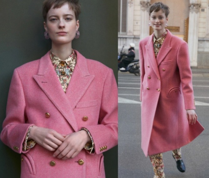 розовое пальто миди с двубортной застежкой и воротником английского типа с лацканами - тренды миланской моды 2023