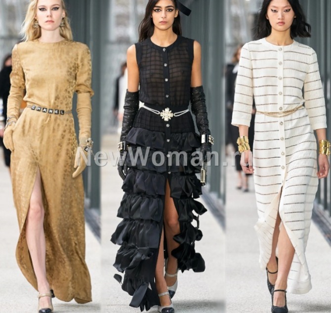 модели новогодних платьев 2023 года от Chanel - варианты с высоким серединным разрезом