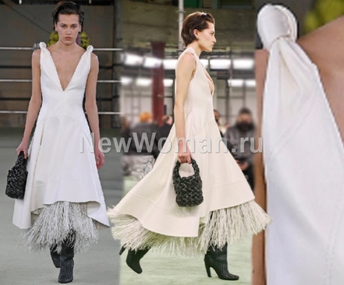 белое кожаное платье с бахромой - фото трендов 2023 года из коллекции Bottega Veneta (Миланская неделя моды)