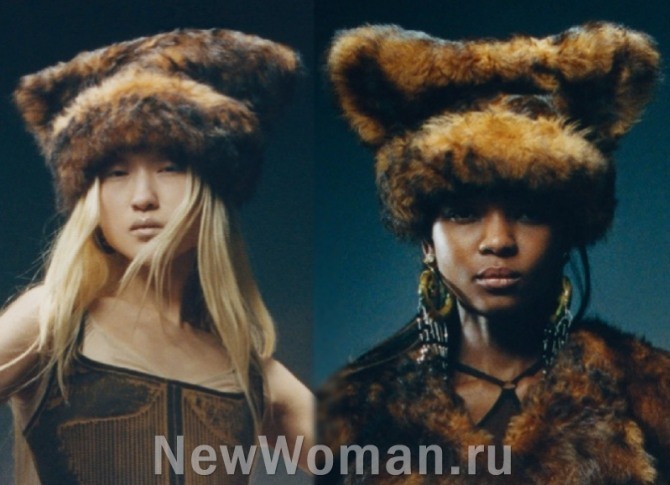 зимой 2023 года модными будут женские меховые шапки с "кошачьими ушками"