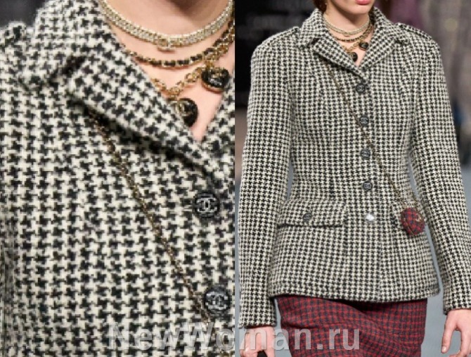 модный принт на женских куртках 2023 года от бренда Chanel - гусиная лапка или зуб собаки