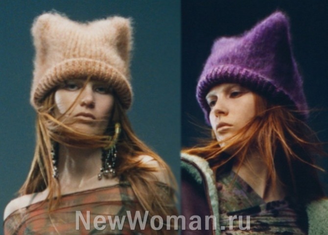 модные женские вязаные зимние шапки из пушистой пряжи сезона  весна, осень, зима 2023 года - модели с ушками и узкими отворотами