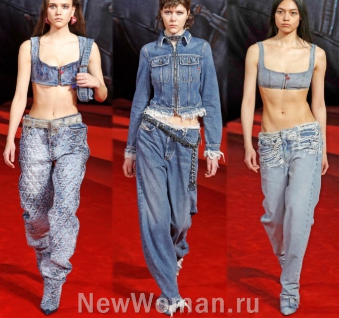 тренды для девушек весна-лето 2023 - джинсовые брючные комплекты с топами-бандо и куртками в стиле милитари.