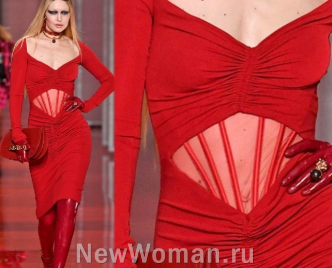 модный декор вечернего красного платья с модных показов 2023 года - драпировка, корсетные косточки
