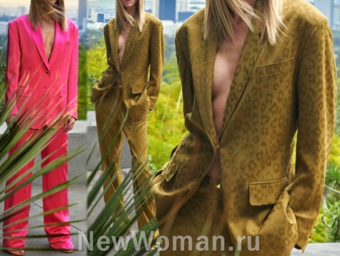высокая мода 2023 года на женский брючный костюм - жатый лен и жатый шелк, жакет на голое тело, широкие плечи