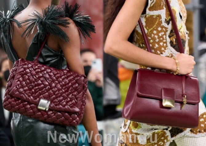 стильные сумки через плечо с застежкой на клапан винно-бордового цвета на сезон весна-лето 2023 от модного дома Bottega Veneta (Миланская неделя моды) на 2023 год