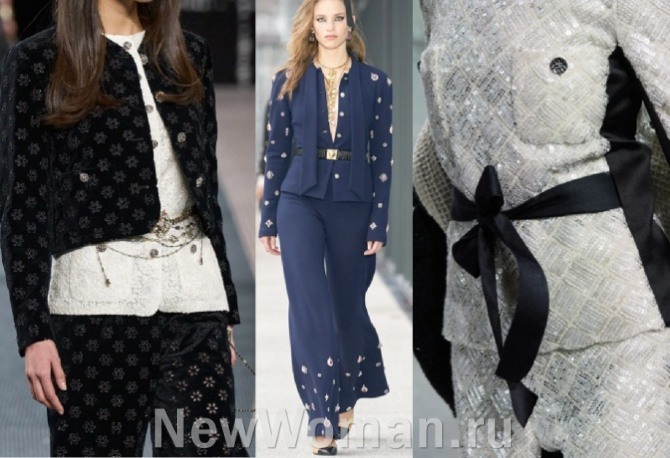 модный декор женских костюмов 2023 года - вышивка, ленты, пришитые броши от Chanel
