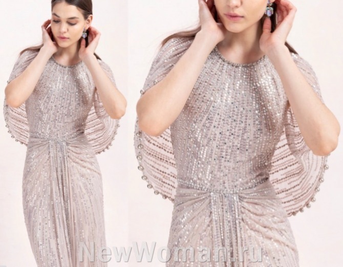 роскошное вечернее шифоновое платье премиум-бренда Jenny Packham (Лондонская неделя моды) с пелериной и драпировкой, усеянное блестками