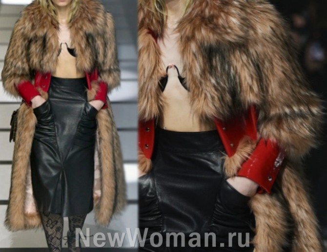 модные женские шубы 2023 года от итальянского бренда Gucci (Миланская неделя моды) - длинношерстная модель миди с кожаными красными вставками