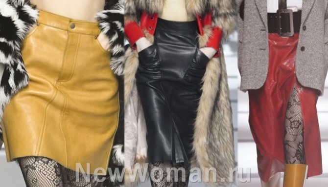 модные фасоны кожаных юбок 2023 года - Gucci (Миланская неделя моды) - модели с высокой посадкой из черной, желтой и красной искусственной кожи