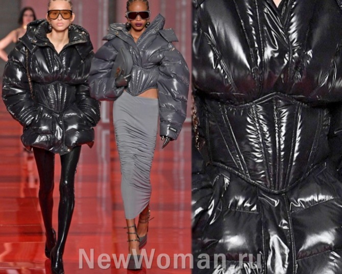 дутые женские куртки с поясом-корсетом - модели из нейлона черного и серого цвета с глянцевым блеском - уличная женская мода на верхнюю одежду 2023 года