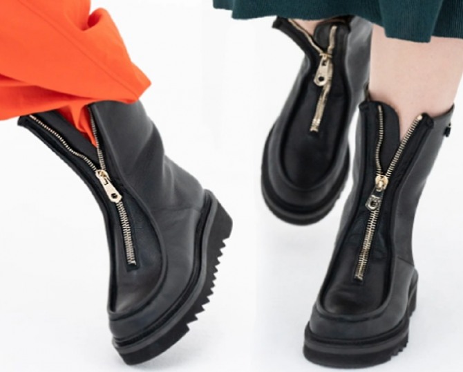 черные женские кожаные сапоги в стиле милитари с выступающей подошвой и застежкой-молнией на подъеме и голенище - обувные тренды 2023 года от модного дома Salvatore Ferragamo (Миланская неделя моды)