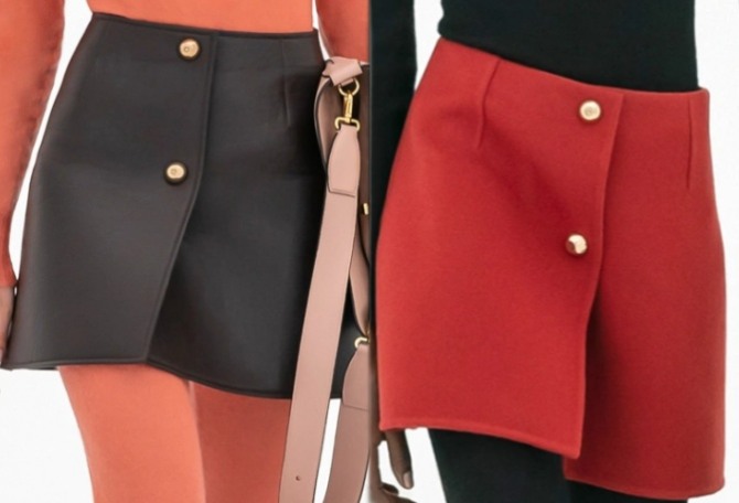 какие юбки модные осенью и зимой 2023 года - из пальтовых тканей в стиле 60-х - без пояса с застежкой на две пуговицы посередине юбки