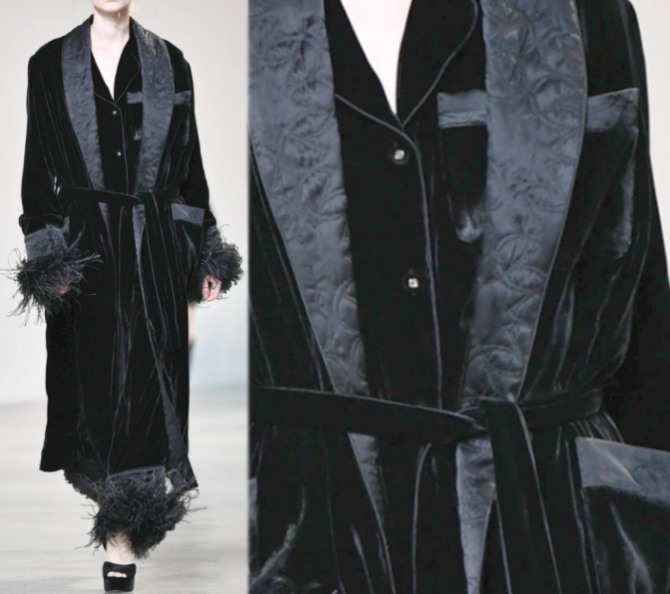 черное длинное женское пальто-халат макси из бархата - тренды 2023 года от модного дома Elie Saab (Парижская неделя моды)