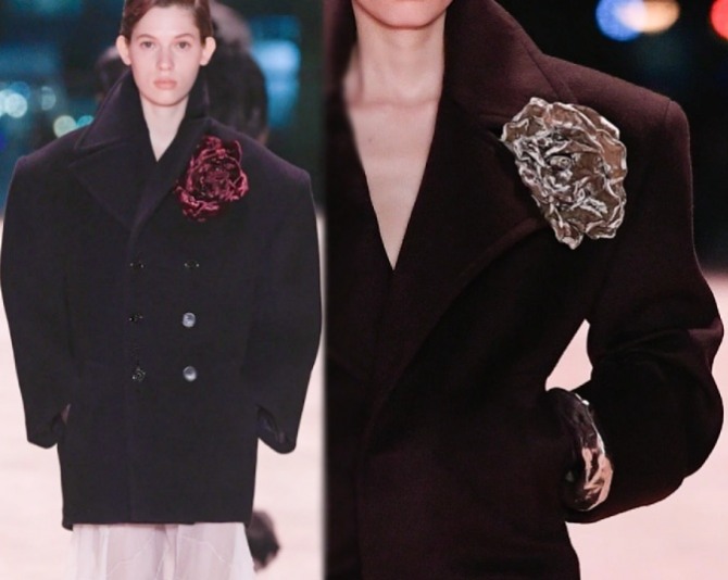 модный пальтовый декор 2023 года - 3D цветы из атласных лент - Saint Laurent (Парижская неделя моды) 