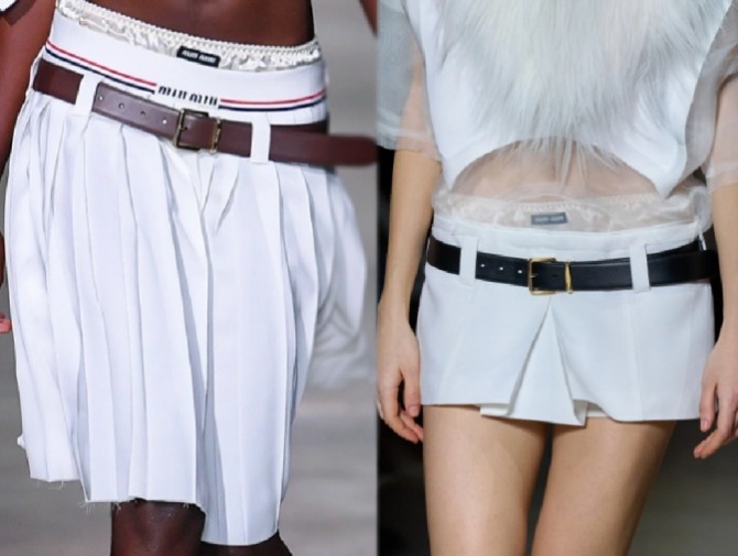 летние белые юбки в складку 2023 года - миди и мини, с низкой посадкой, со шлевками и кожаным ремнем