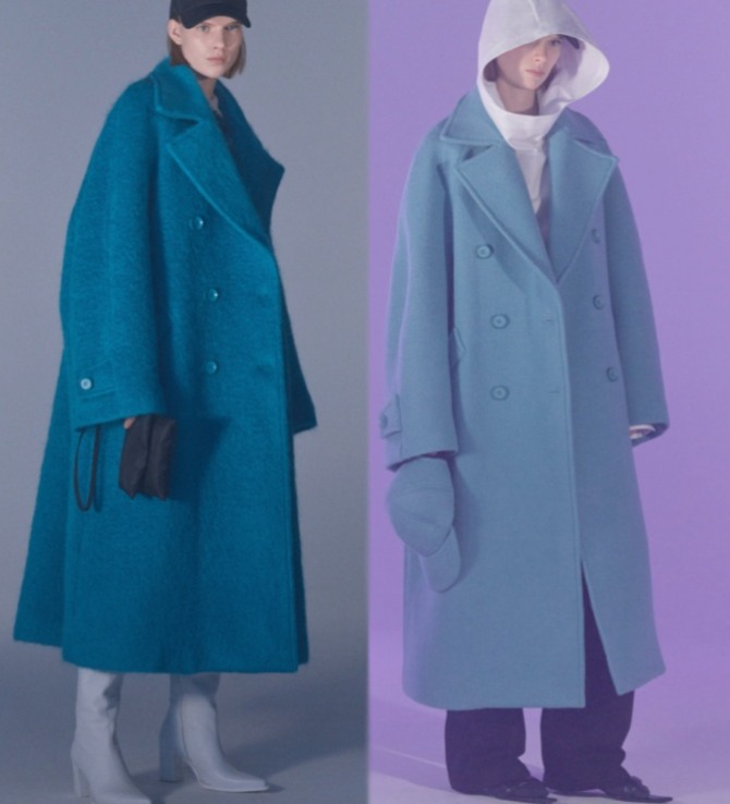 женское пальто в стиле оверсайз - цианового и пыльно-голубого цвета
