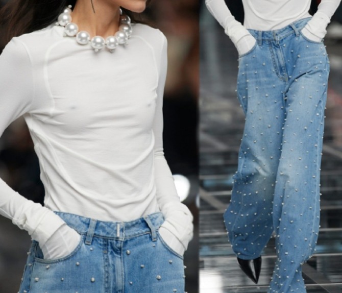 голубые джинсы, вышитые жемчугом - тренды брючной женской моды 2023 - Givenchy (Парижская неделя моды)
