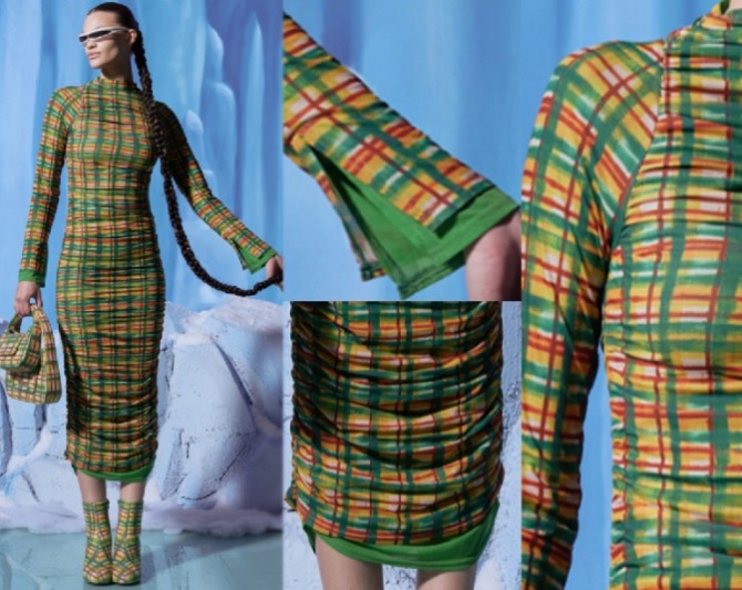 платья на осень 2023 года - модель из трикотажа миди с рукавом реглан и невысоким стоячим воротником, силуэт приталенный прямой, принт - зелено-желто-красные полосы
