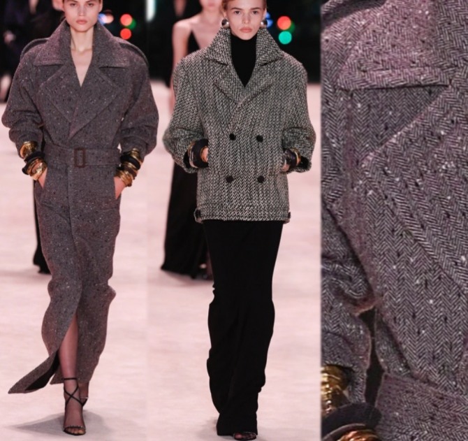 драповое женское пальто в елочку - модная верхняя женская демисезонная одежда 2023 года - модный дом Saint Laurent (Парижская неделя моды) 