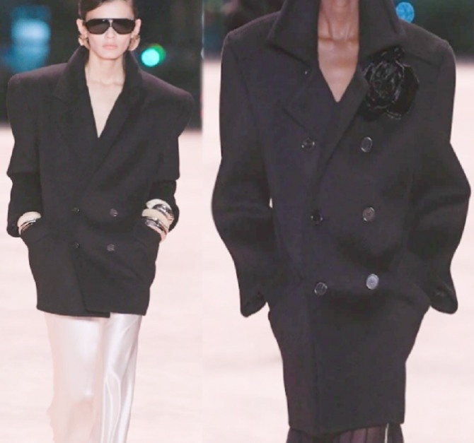 в 2023 году в тренде пальто с широкими плечами с двубортной застежкой и заниженным низом - фото из коллекции Saint Laurent (Парижская неделя моды) 