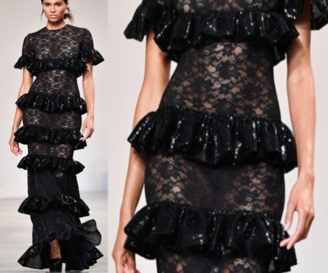 роскошное черное кружевное платье в пол с многоярусными блестящими воланами