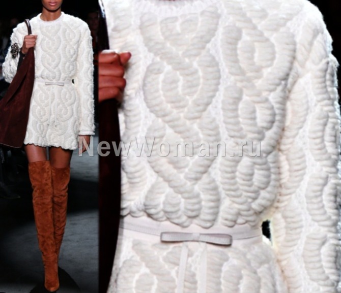 белое зимние платье 2023 года из рыхлого трикотажа с имитацией вязаных кос