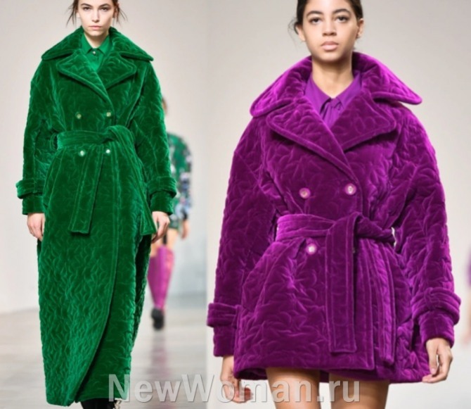 какие модели женских пальто и полупальто модные в 2023 году - из цветного стеганого бархата