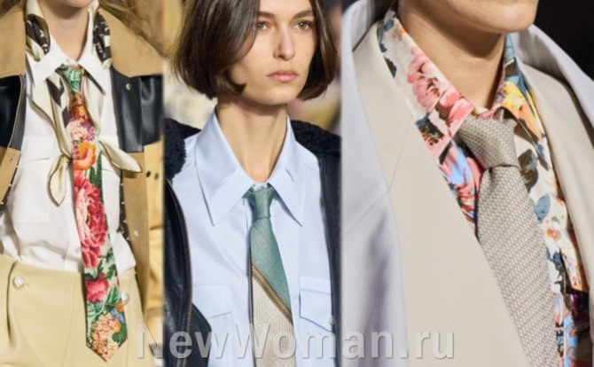 какие деловые женские блузки модные в 2023 году - рубашки в военном стиле с винтажным мужским галстуком