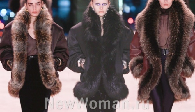  короткие женские гламурные пальто из шерсти и кожи с роскошной меховой отделкой в стиле 80-х - тренды 2023 года от модного дома Сен Лоран - Париж