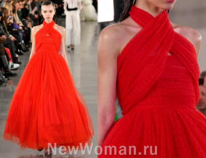 длинное вечернее красное тюлевое платье в стиле нью-лук